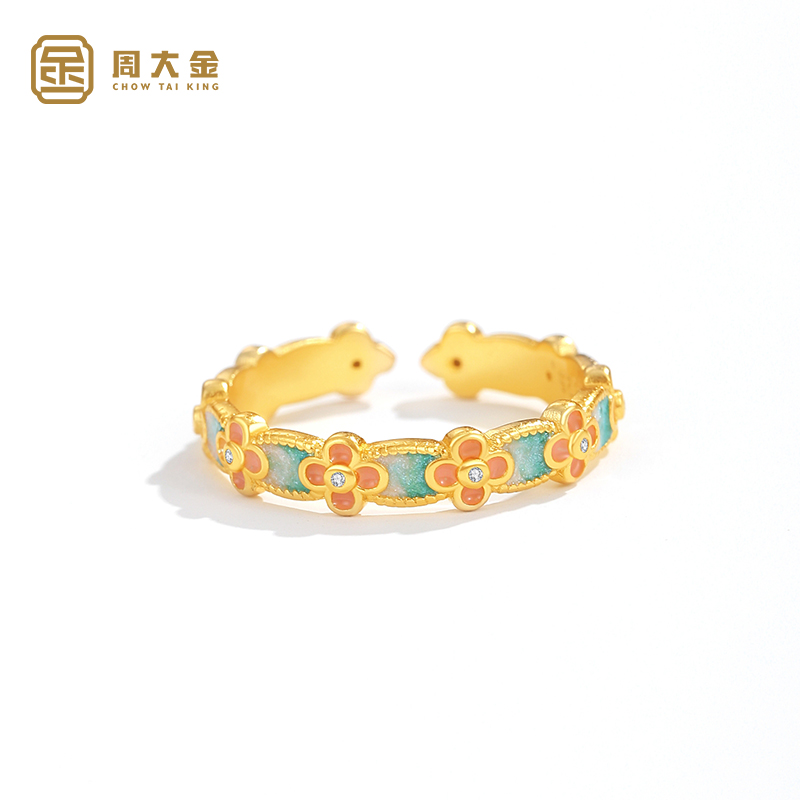 925银戒指 周大金珐琅彩色繁花如意戒指女四叶草桃花指环开口戒指