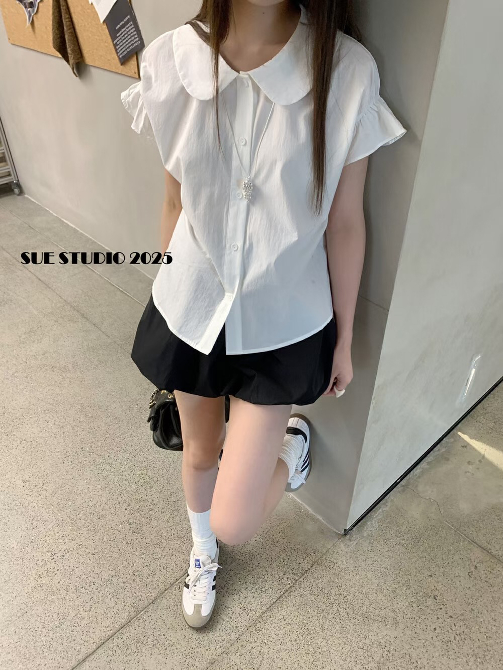 夏季小个子盐系穿搭蓝色法式百搭轻奢短袖衬衫女