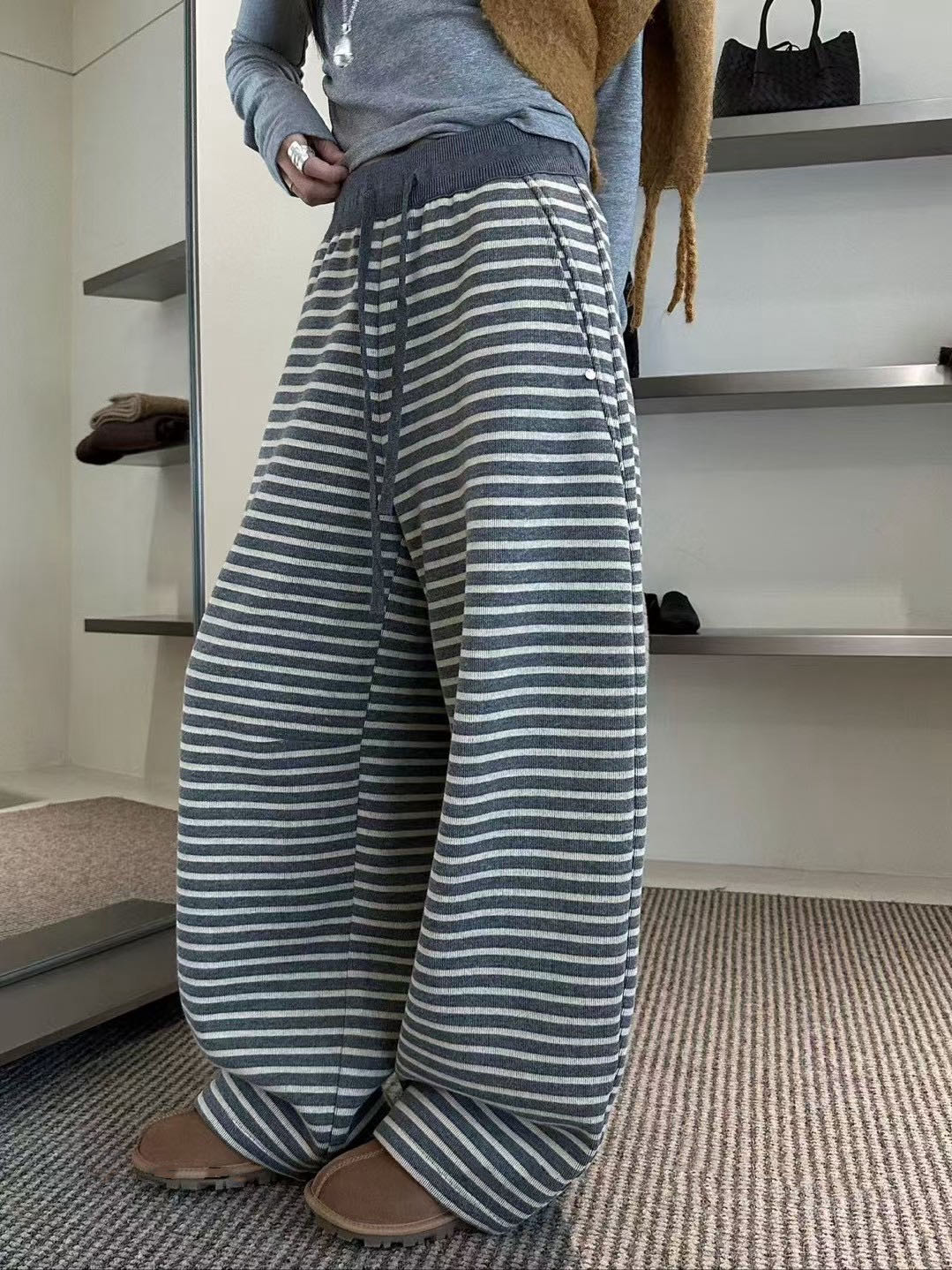 2025冬季新款显瘦加绒加厚韩系条纹裤 裤脚可抽