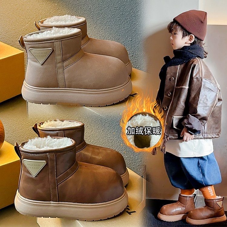 儿童雪地靴2025冬季新款卡皮巴拉皮毛一体男女童防水防滑面包棉鞋
