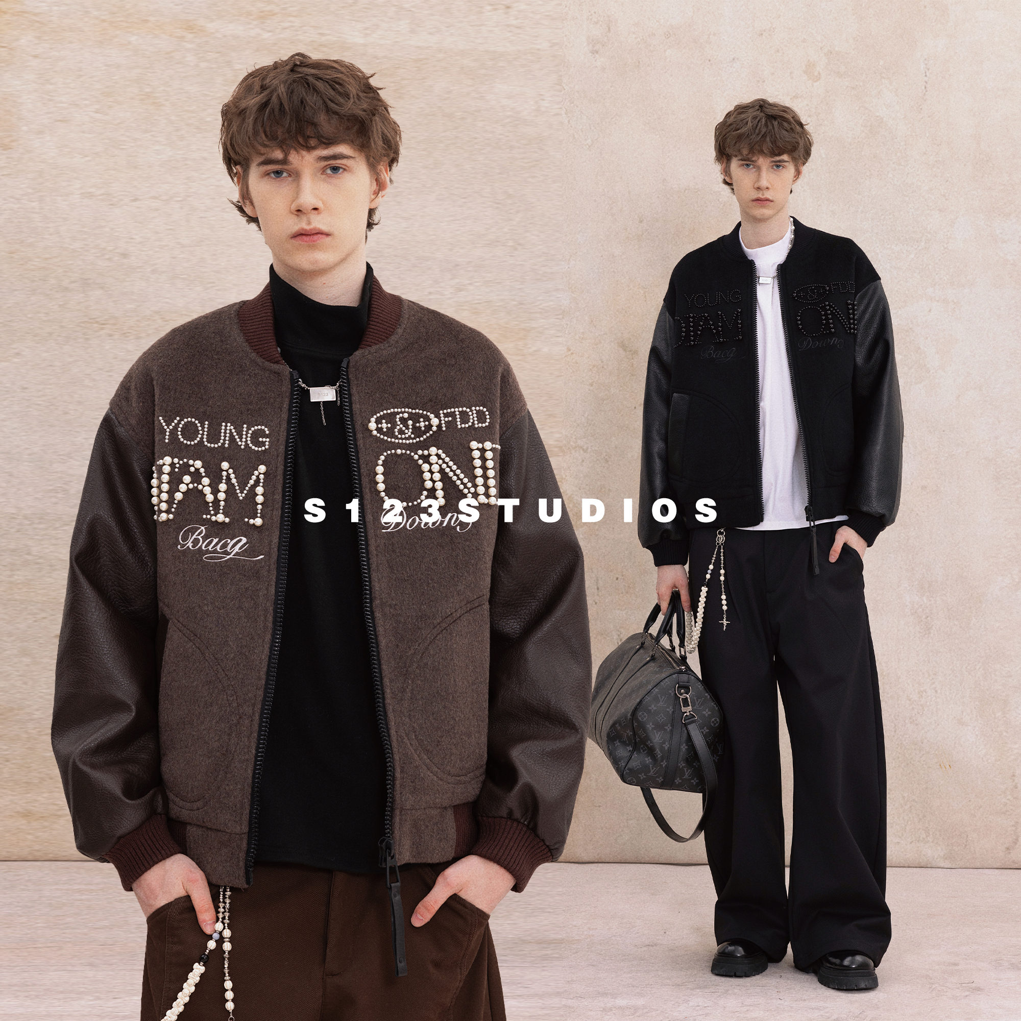 S123 90白鸭绒美式重工拼接珍珠棒球领羽绒服冬季保暖宽松夹克潮