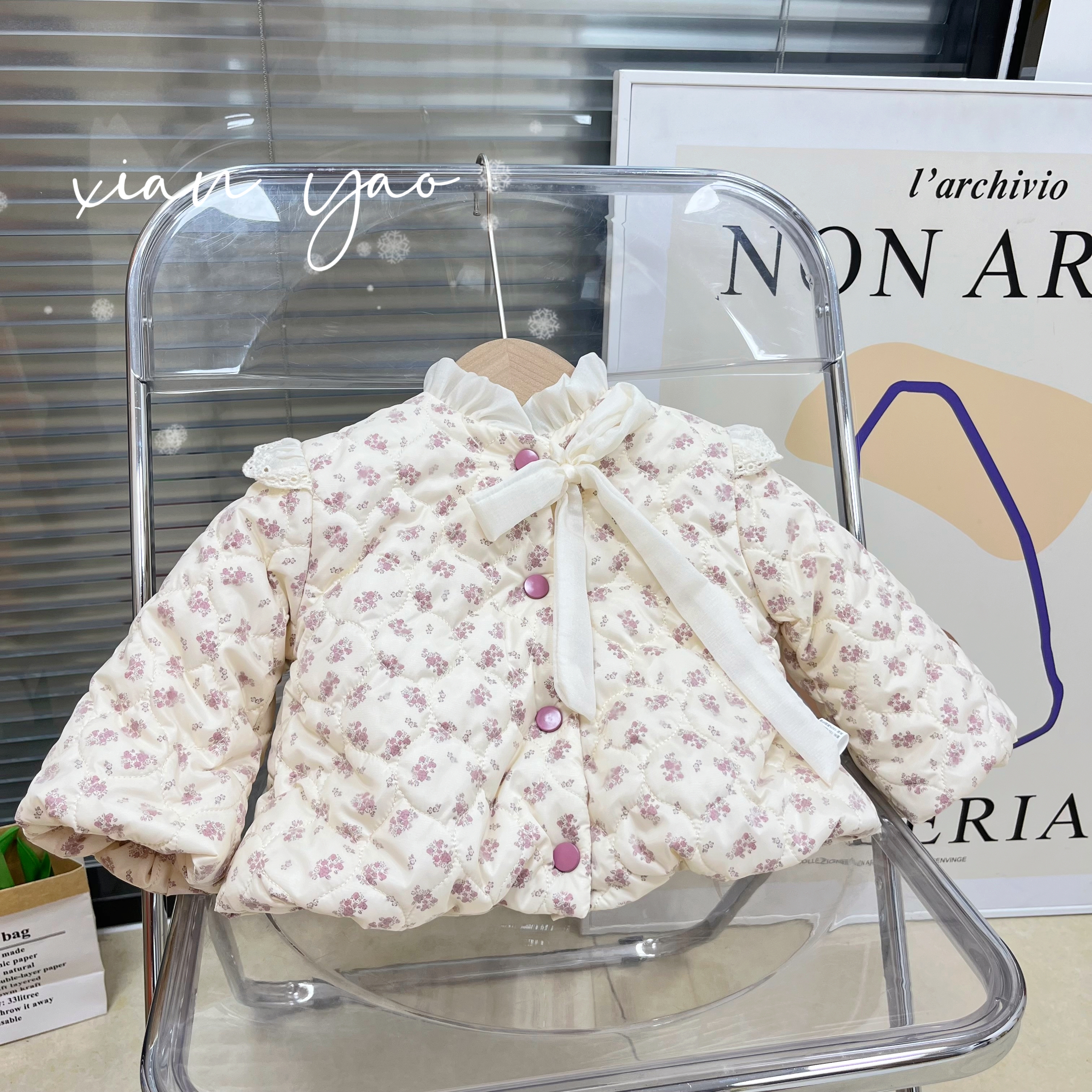 【Z0037】女童冬款2025紫色碎花蕾丝蝴蝶结洋气时尚保暖夹棉棉服-jp