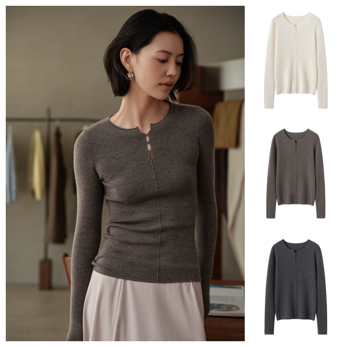 冬日暖阳～18针精纺纯山羊绒微镂空半开领针织衫女修身内搭#2536