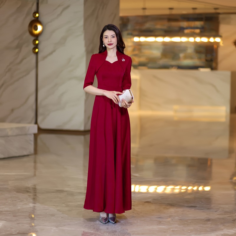 喜妈妈礼服婚宴装夏季爆款时尚优雅气质大摆连衣裙安可拉红02