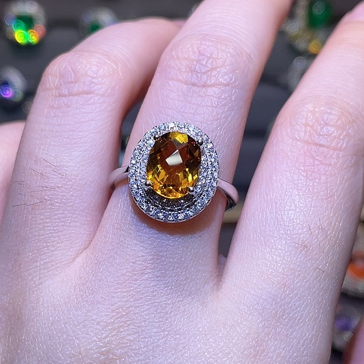黄晶戒指银S925镶嵌棋盘格切割