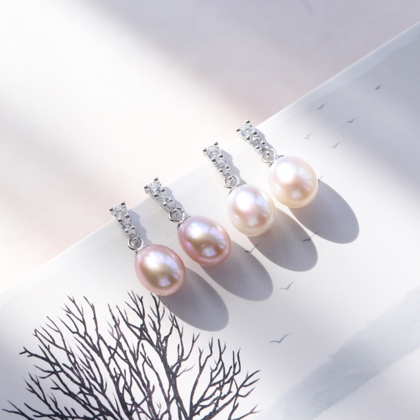 （淼）经典三钻天然淡水9-10mm珍珠耳钉通勤气质s925银耳钉