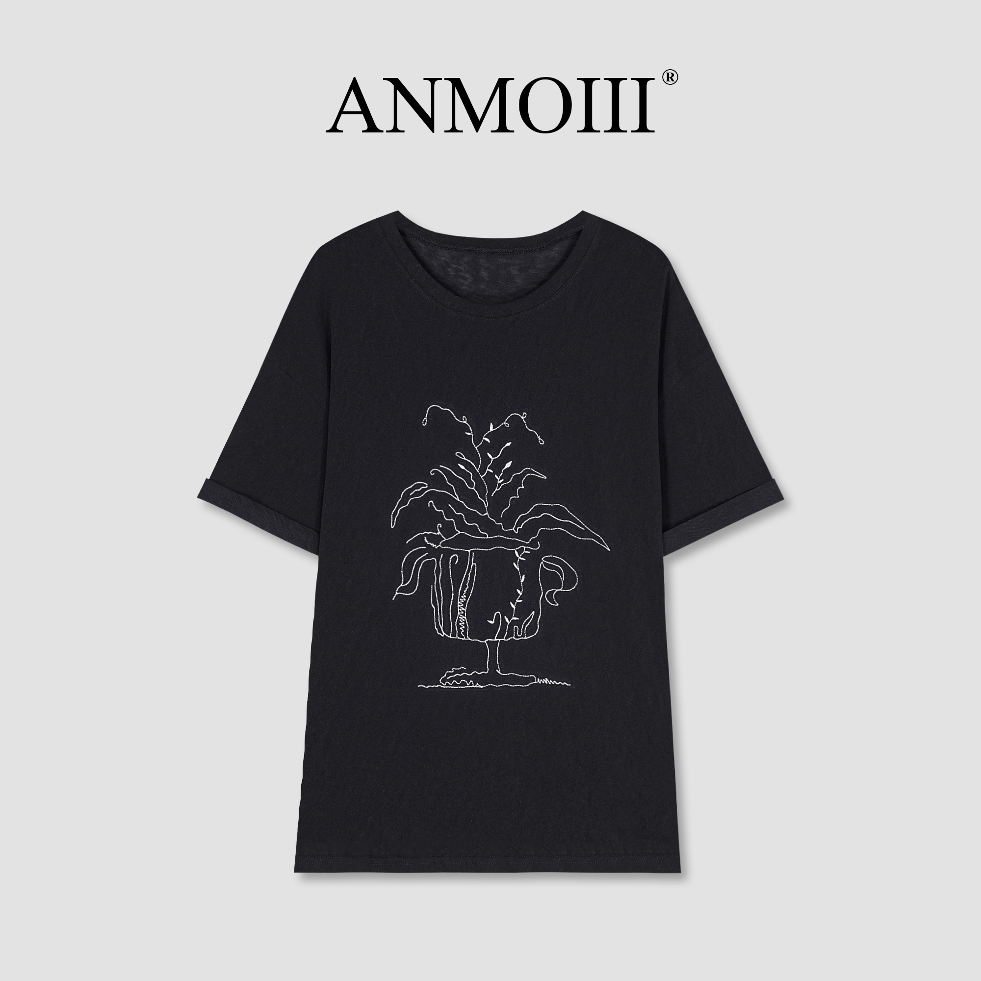 ANMOIII【刺绣T恤】夏季植物花短袖宽松透气松弛感女装韩系ins衣服