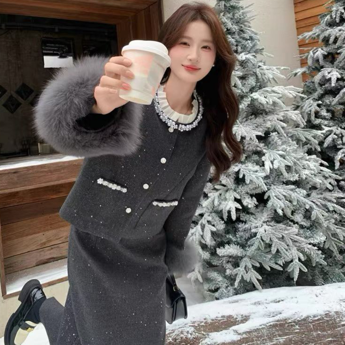 名媛风2025冬季时尚微胖减龄气质小香风大码满天星加棉外套半身裙