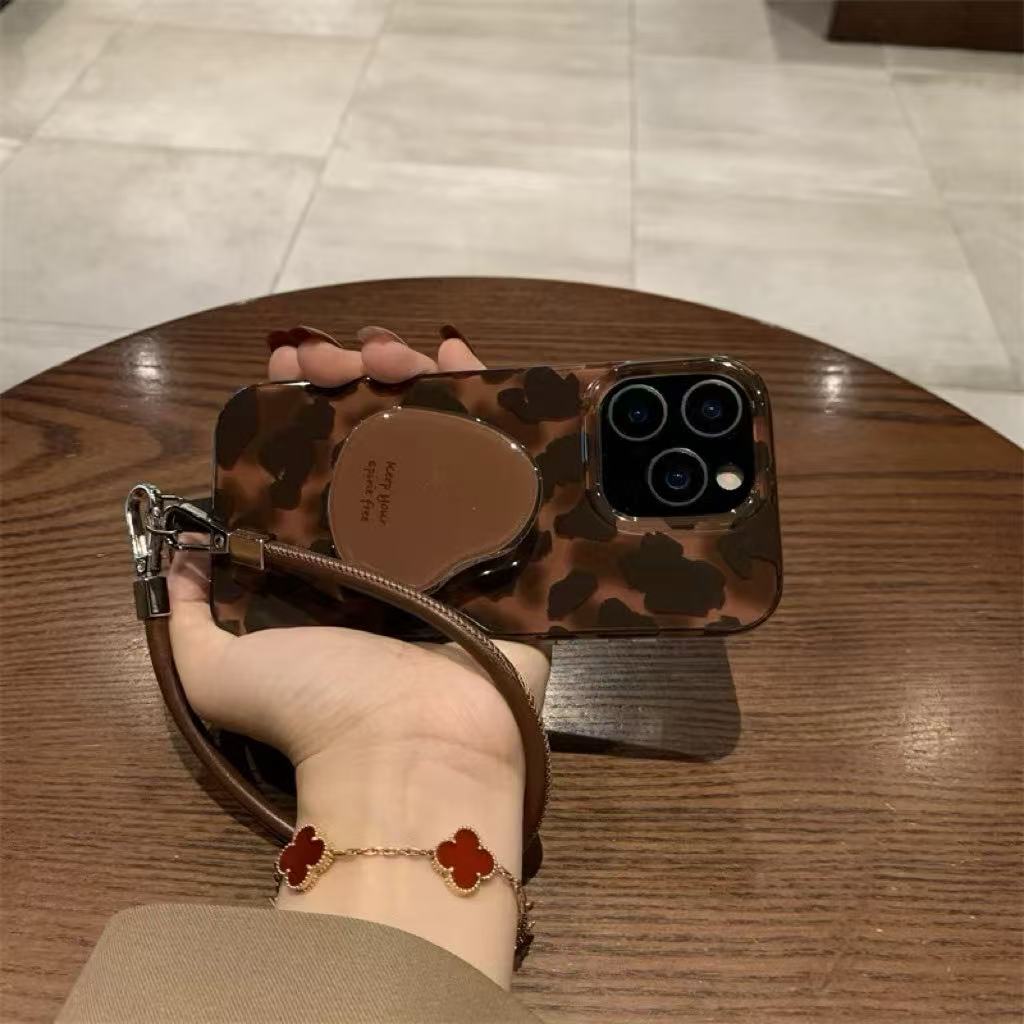 新款棕色琥珀豹纹适用苹果16promax手机壳iPhone15pro几何支架14