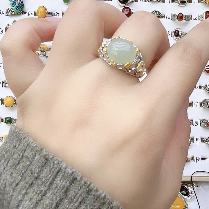 和田玉戒指银S925镶嵌天然