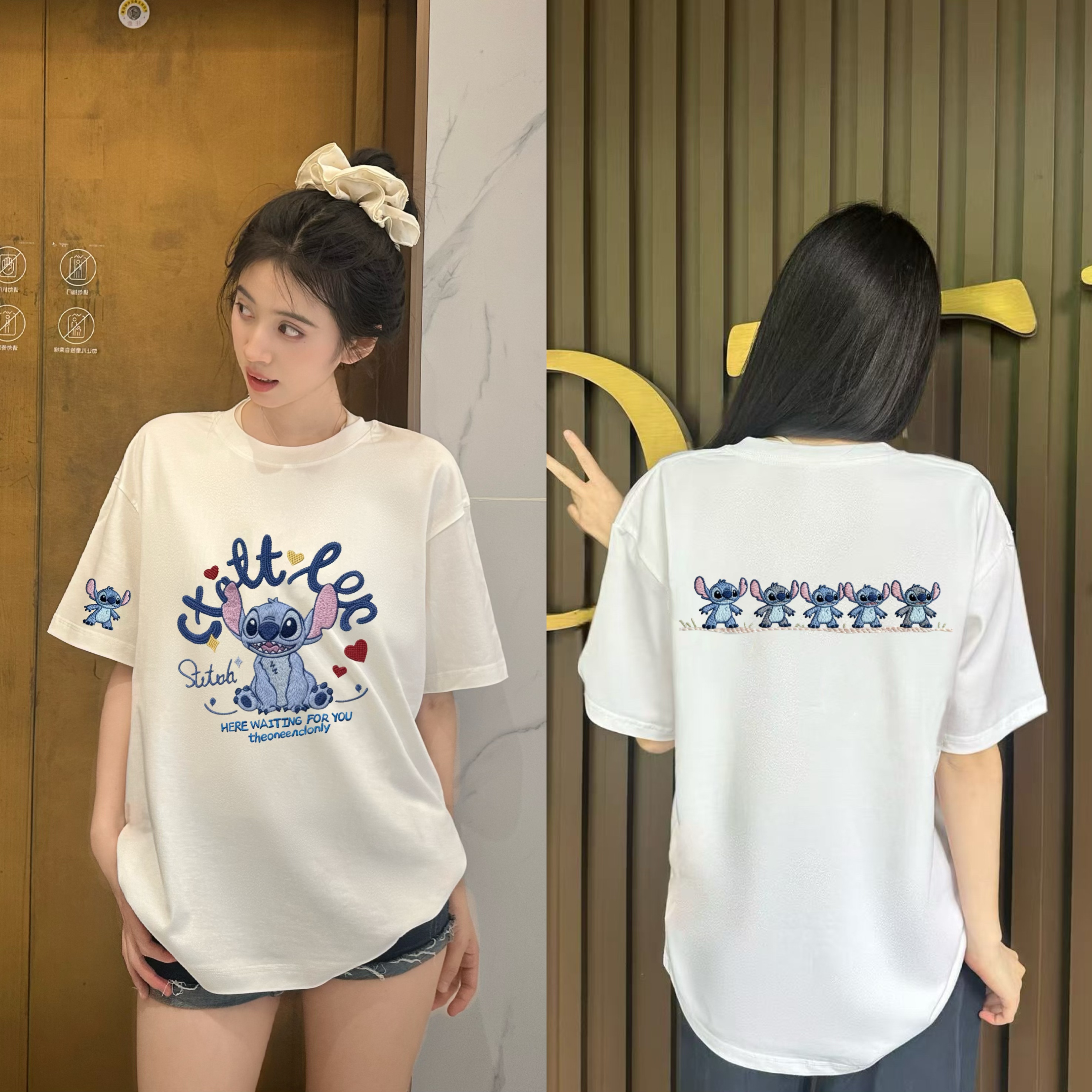 字母圆领卡通动漫短袖轻职风T恤白色宽松套装卡通