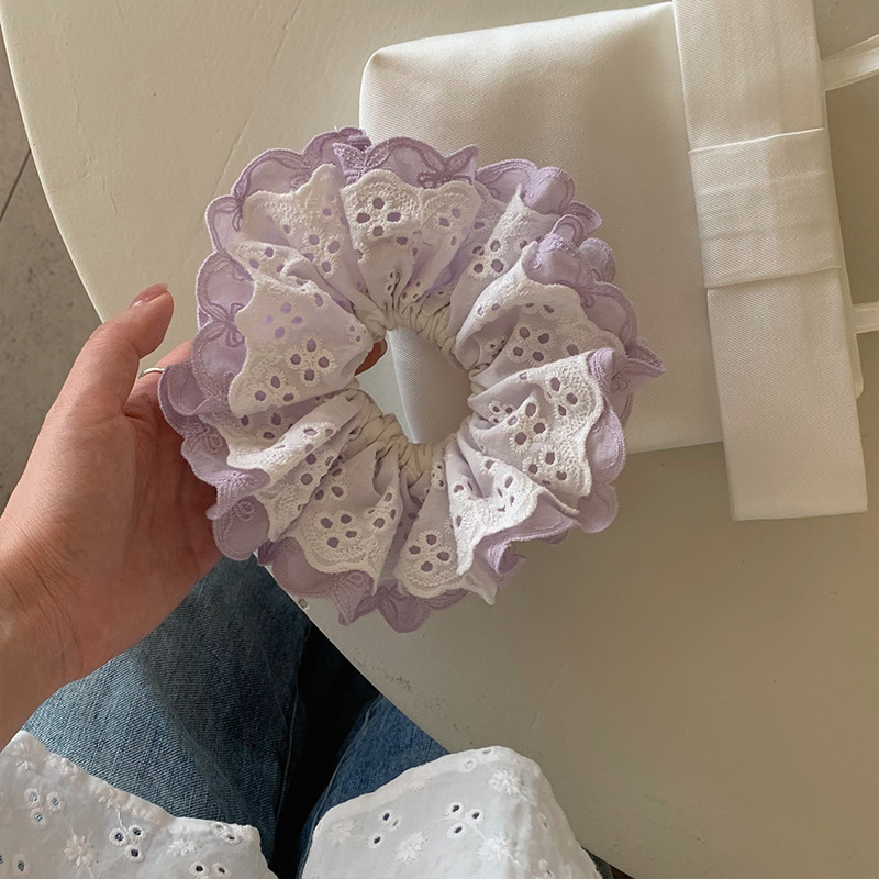 韩系葡萄紫多层蕾丝大肠发圈女高级感丸子头发绳发饰扎发皮筋头花