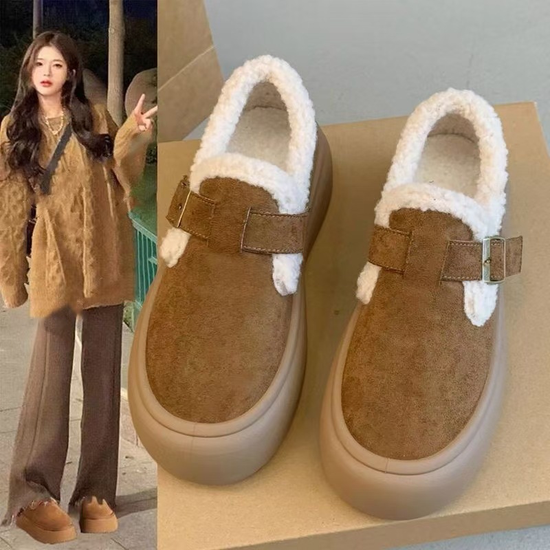 绒面厚底博肯鞋女2024秋冬新款加绒保暖全包雪地棉鞋一脚蹬乐福毛