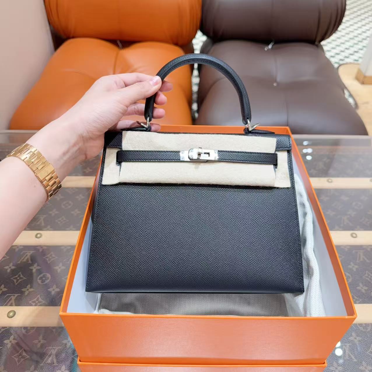 未使用 Hermes/爱马仕 Kelly25 黑银 E皮外缝 K刻 