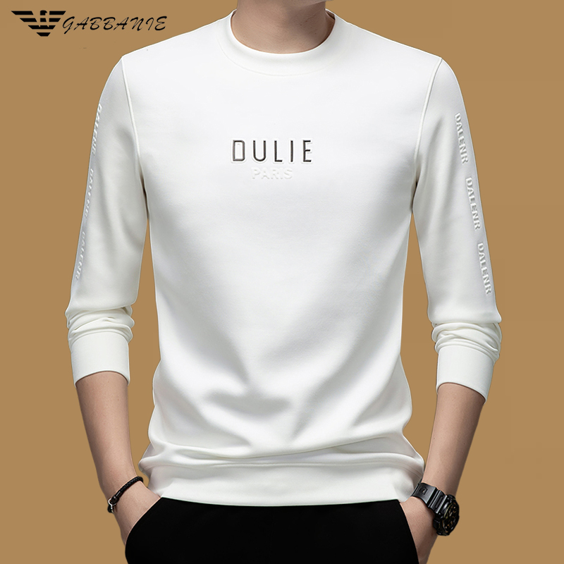 意大利专柜男春秋长袖T恤高档圆领潮流宽松休闲中年白色棉打底衫