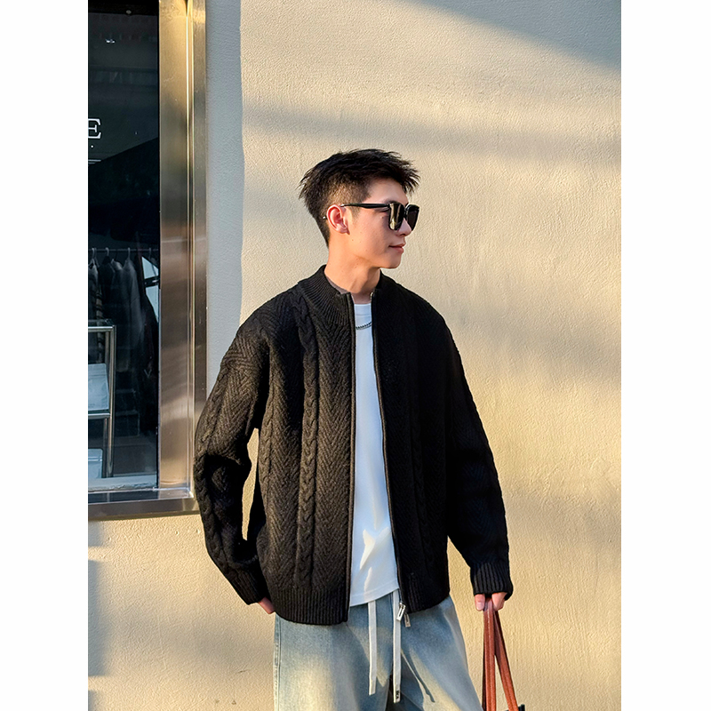 【时尚起易】韩版潮流纯色立领开衫毛衣针织衫宽松百搭秋季新款上衣