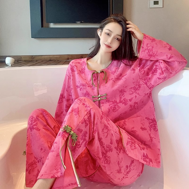 新中式新年红色睡衣女春秋季长袖新款网红爆款结婚纯棉家居服套装