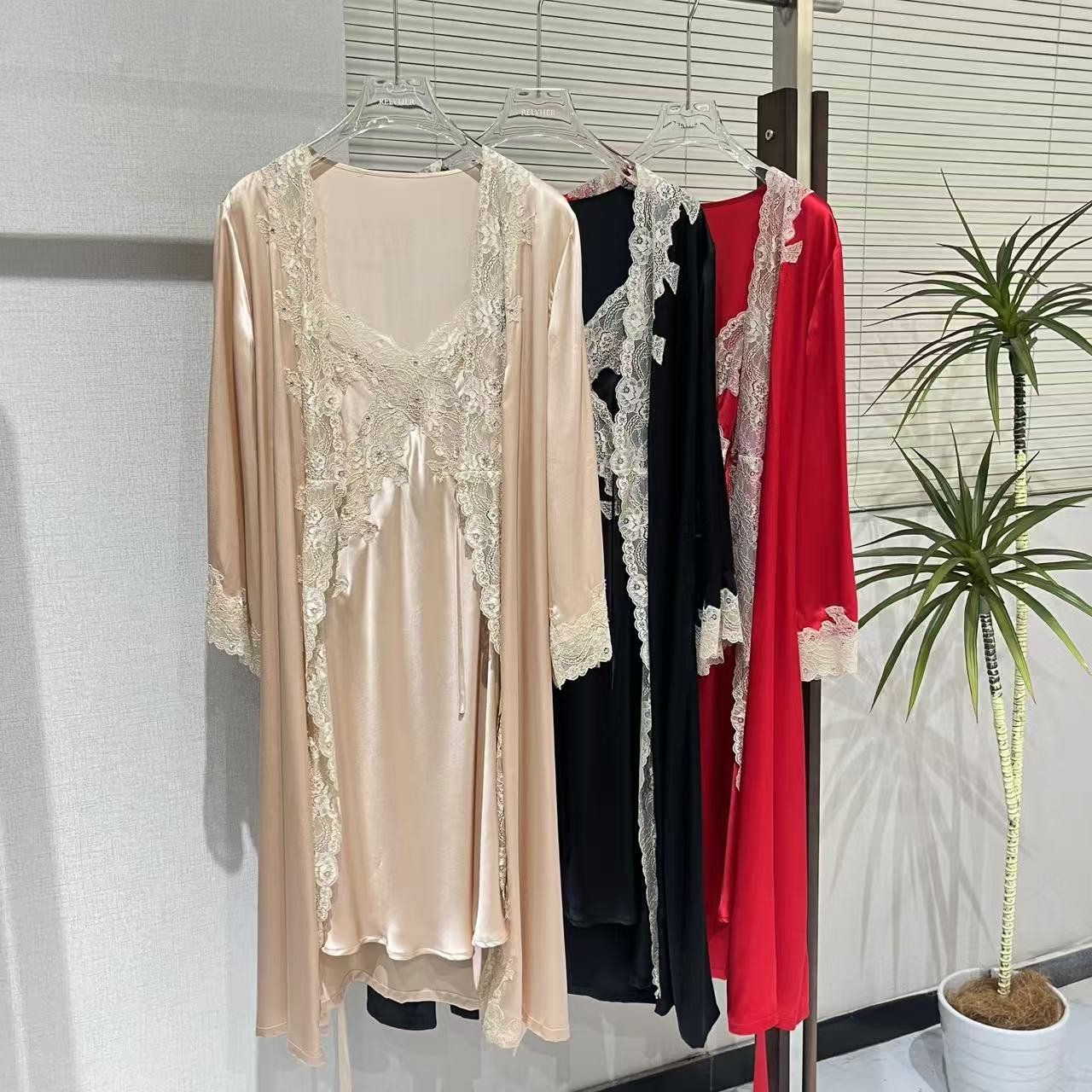 【日月禾】19姆米重磅真丝中长款100%桑蚕丝吊带睡袍S1P101