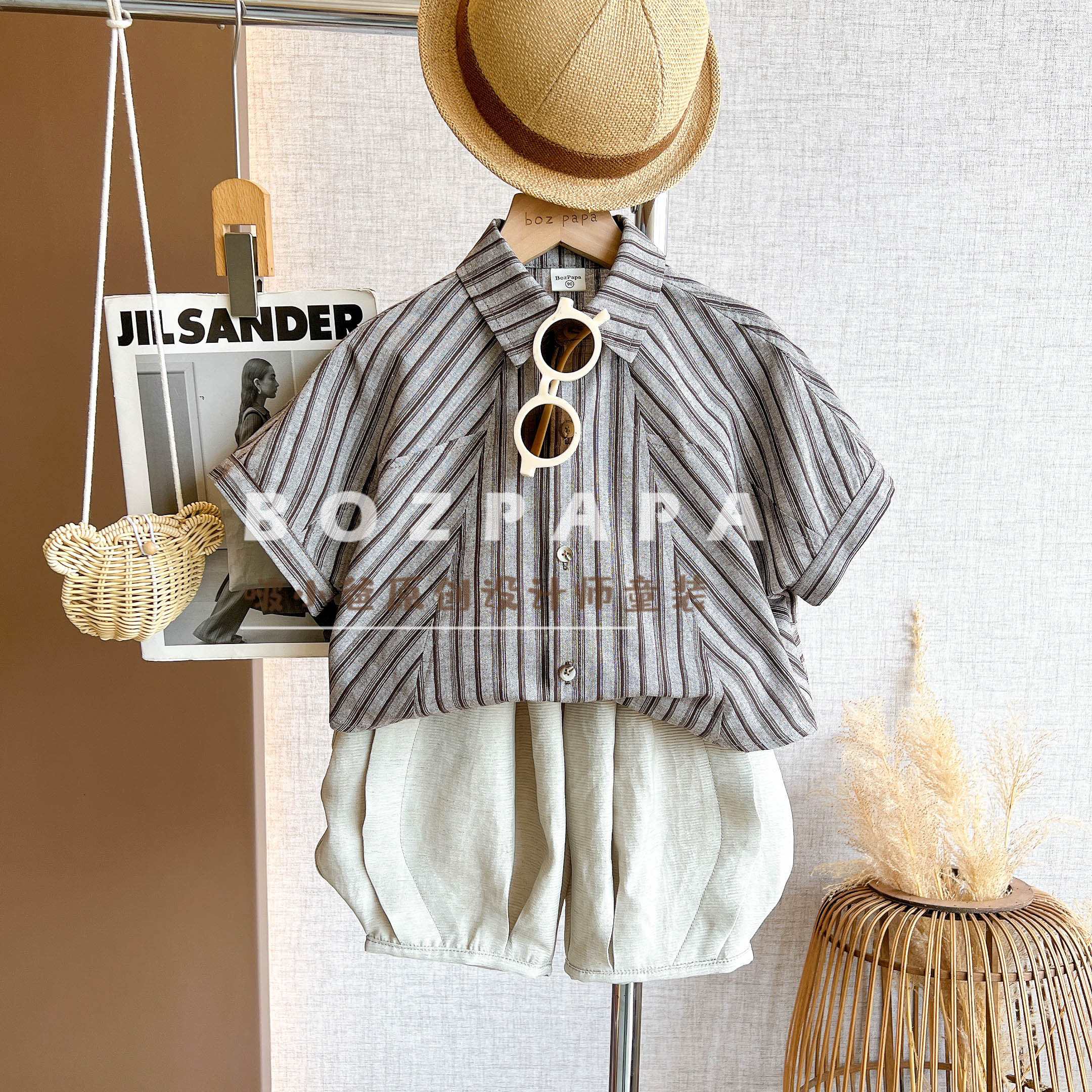 现货蓝麦【灰系智性】2025夏季男童韩系休闲条纹设计翻领衬衫套装