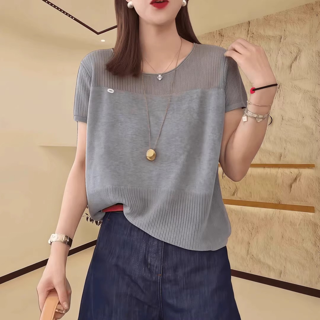 冰丝薄款镂空针织衫针织短袖女2025新款夏季宽松独特漂亮灰色上衣