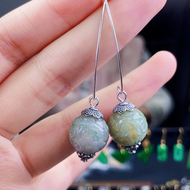 翡翠耳饰银S925镶嵌饰品