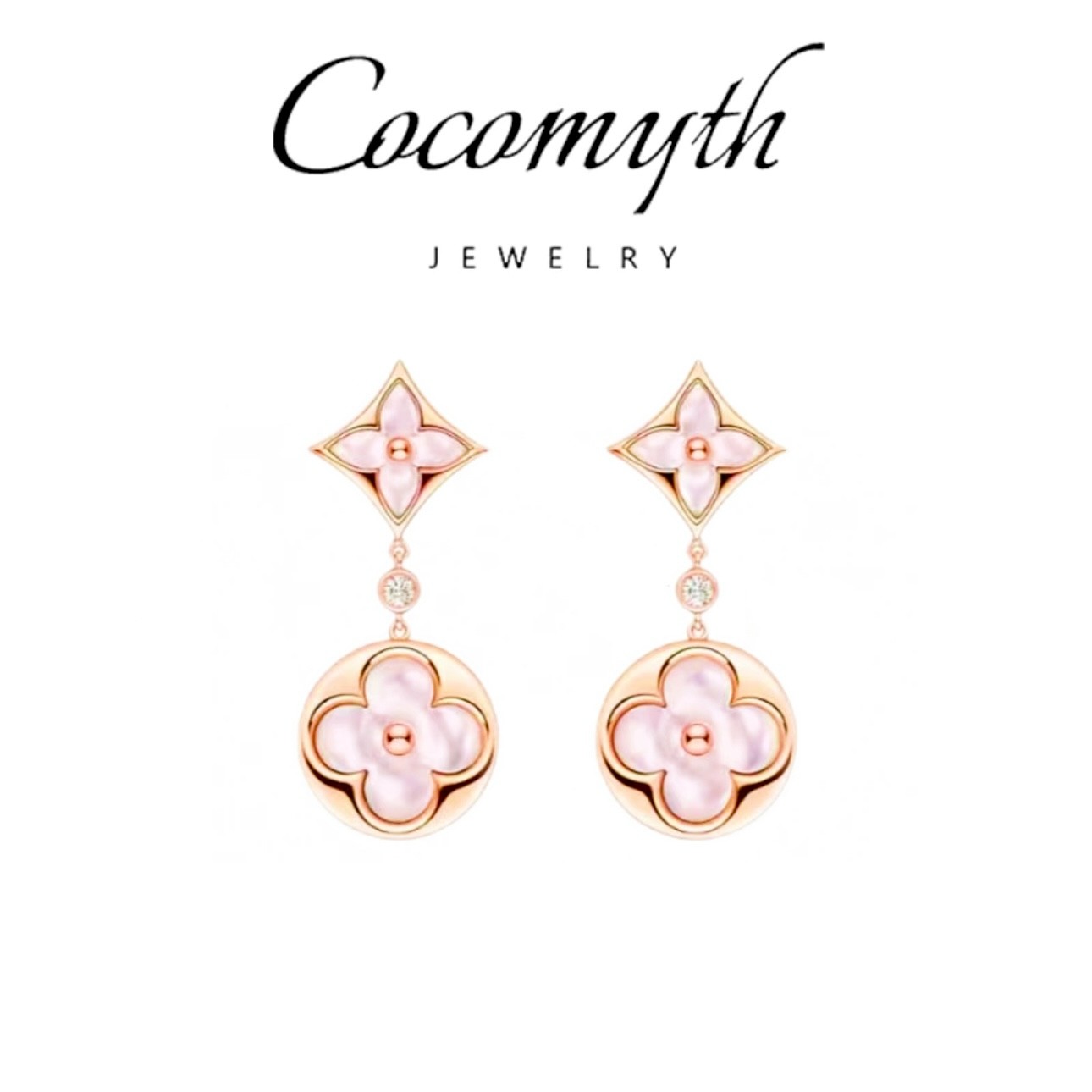 【镀K金】高档轻奢粉色方圆老花耳钉 D659