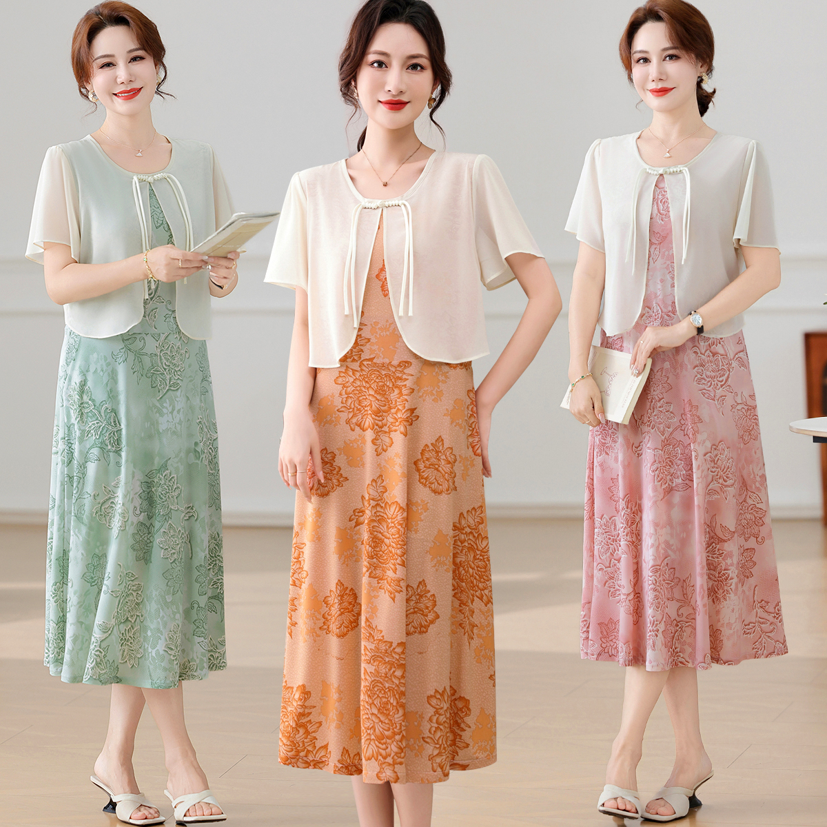 时尚妈妈装夏季雪纺假两件连衣裙洋气质显瘦过膝中长款短袖裙子