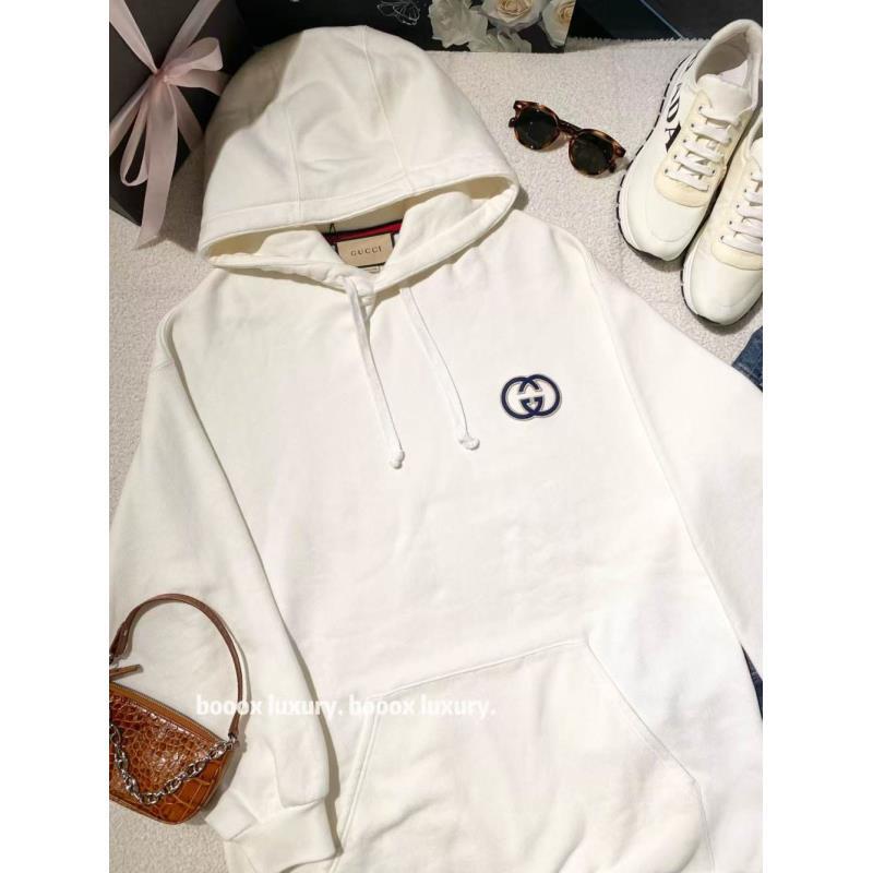 95新 GUCCI/古驰  DD0042  棉 白色双G刺绣字母logo连帽卫衣 M码