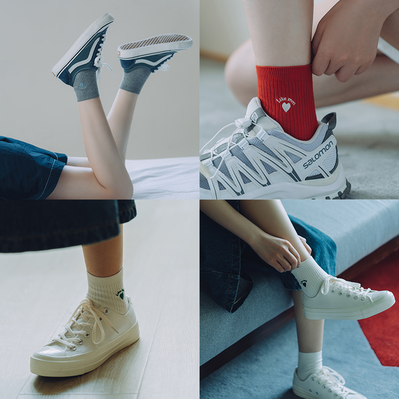 靴下物无骨短袜女夏季棉质薄款日系爱心刺绣袜子女白色基础少女袜