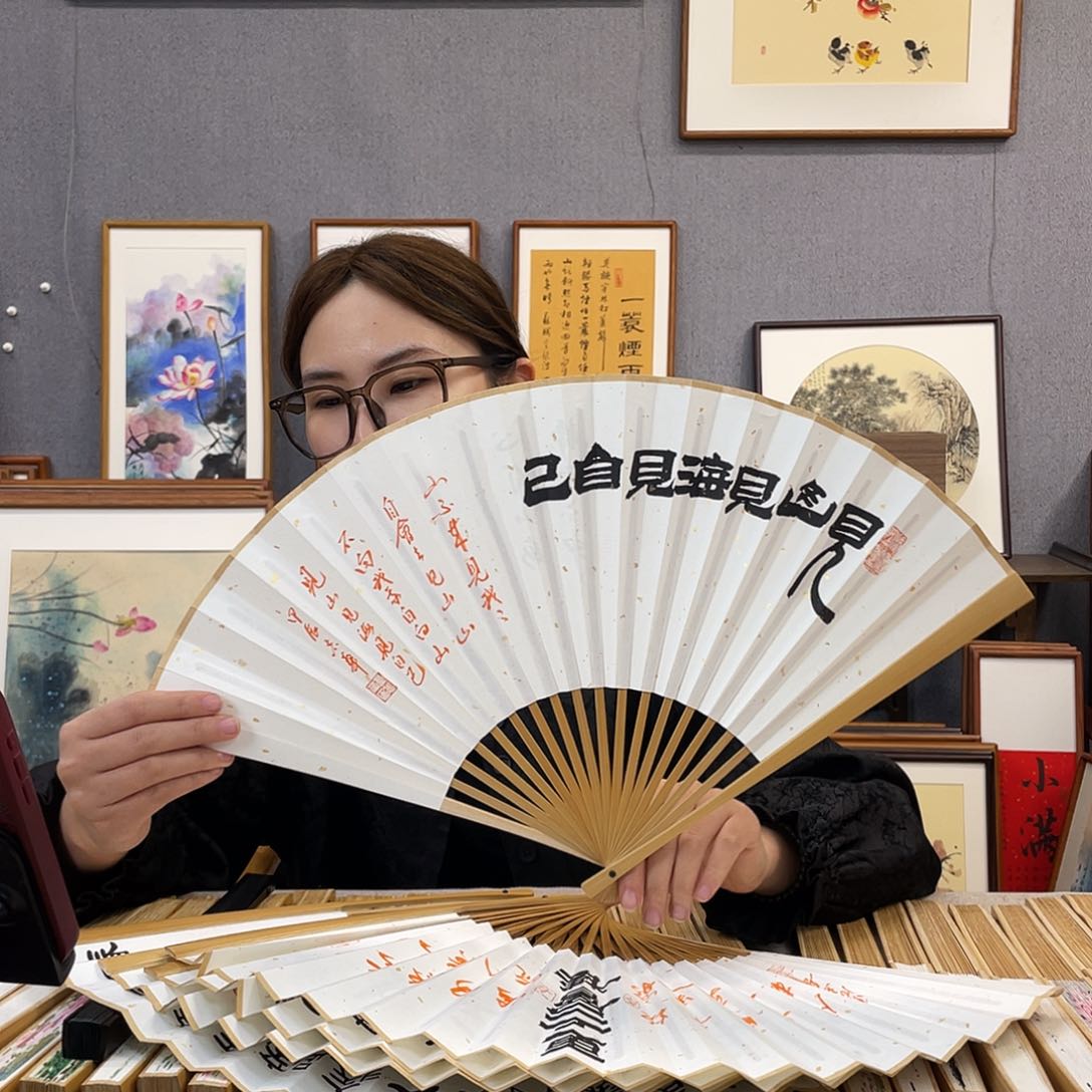 国画95寸玉竹-纯手绘-文玩扇骨（默认粘好）