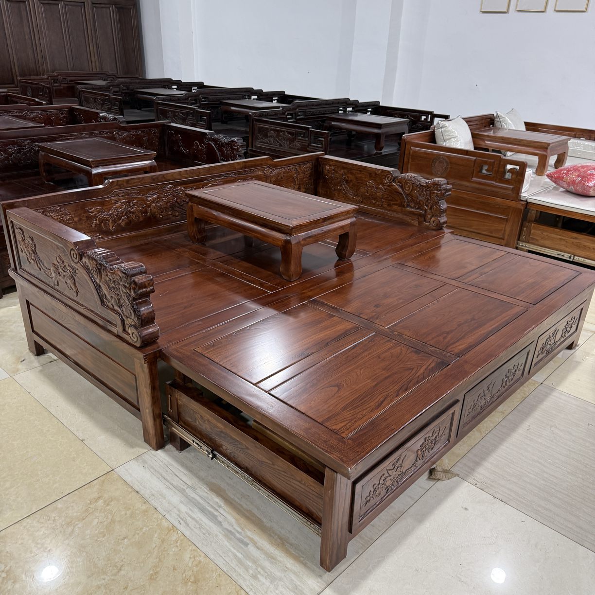 麒麟推拉罗汉床正宗北方老榆木原木多功能抽拉罗汉沙发床