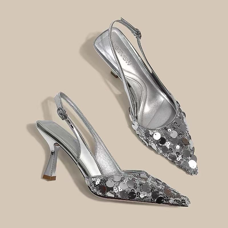 【888】613/91-19 气质尖头细跟高跟鞋女新款名媛风亮片包头凉鞋