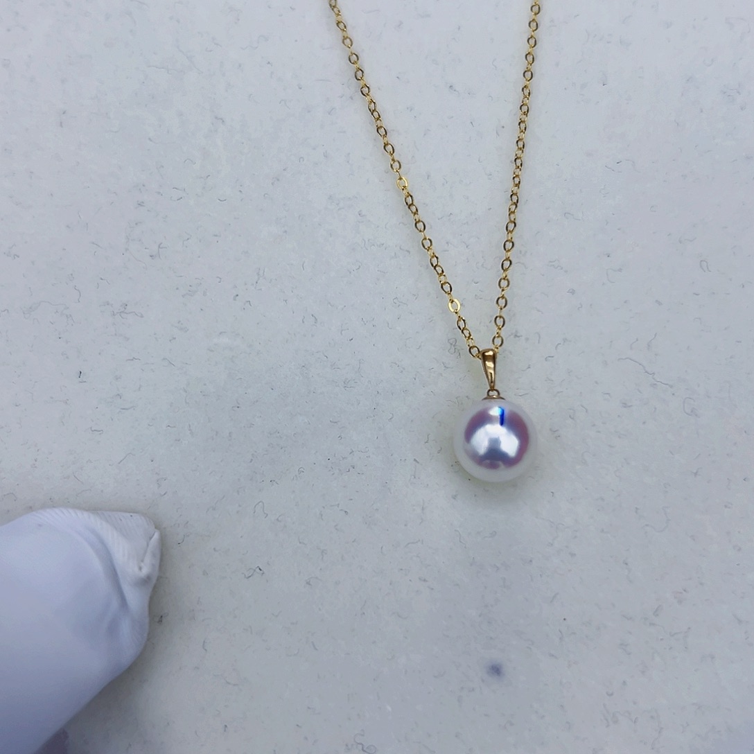 海水珍珠海水akoya瓜子扣吊坠8-9mm18K金镶嵌