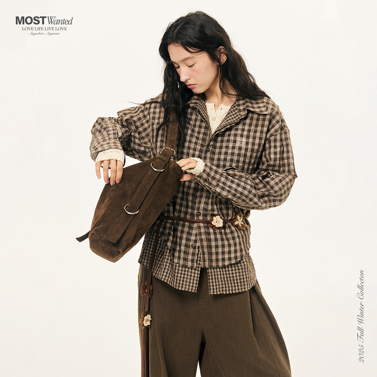 MostWanted小花刺绣假两件格纹衬衫