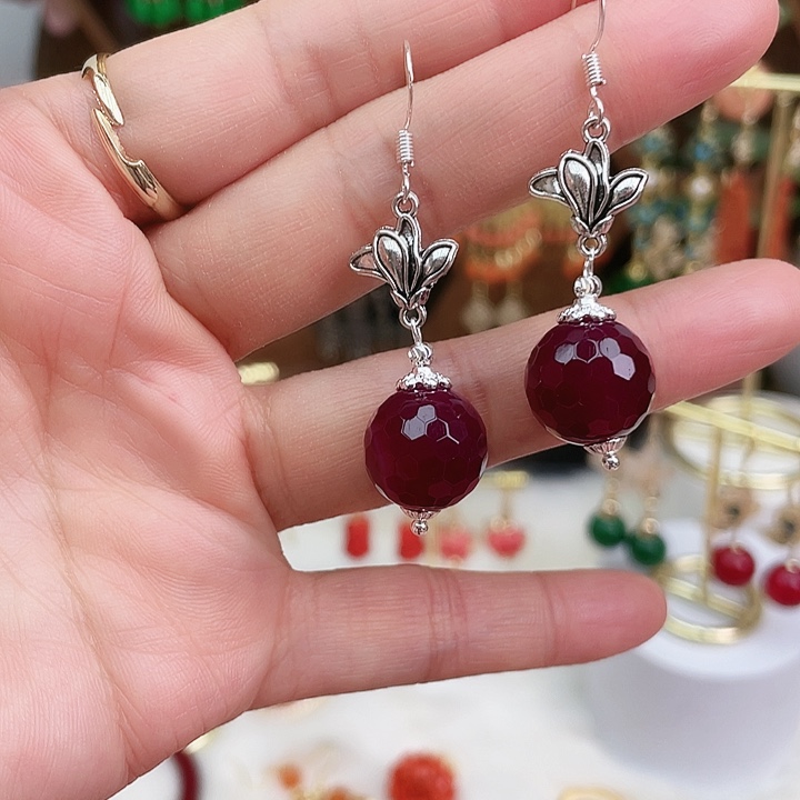 玛瑙/玉髓耳钉合金玫红色刻面