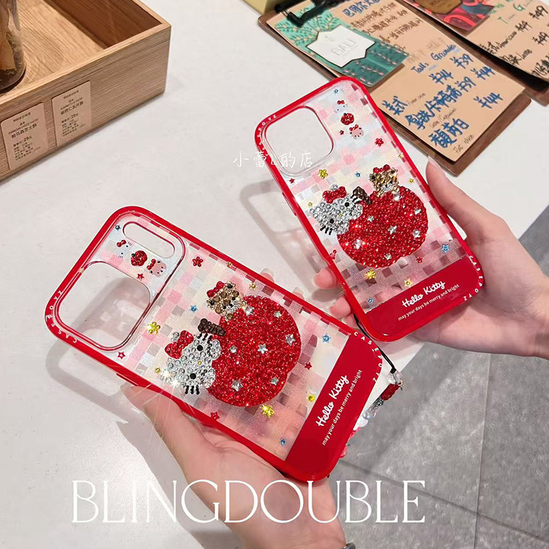 红苹果kitty小熊红色水钻14手机壳15适用16pro苹果17promax可爱