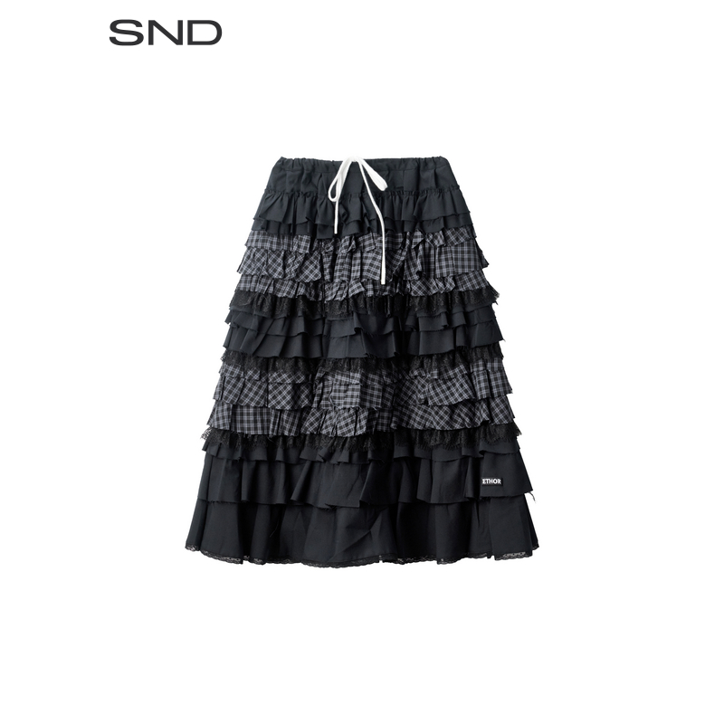 【ETHOR 设计师品牌】SND AW25 荷叶边格纹拼接长裙