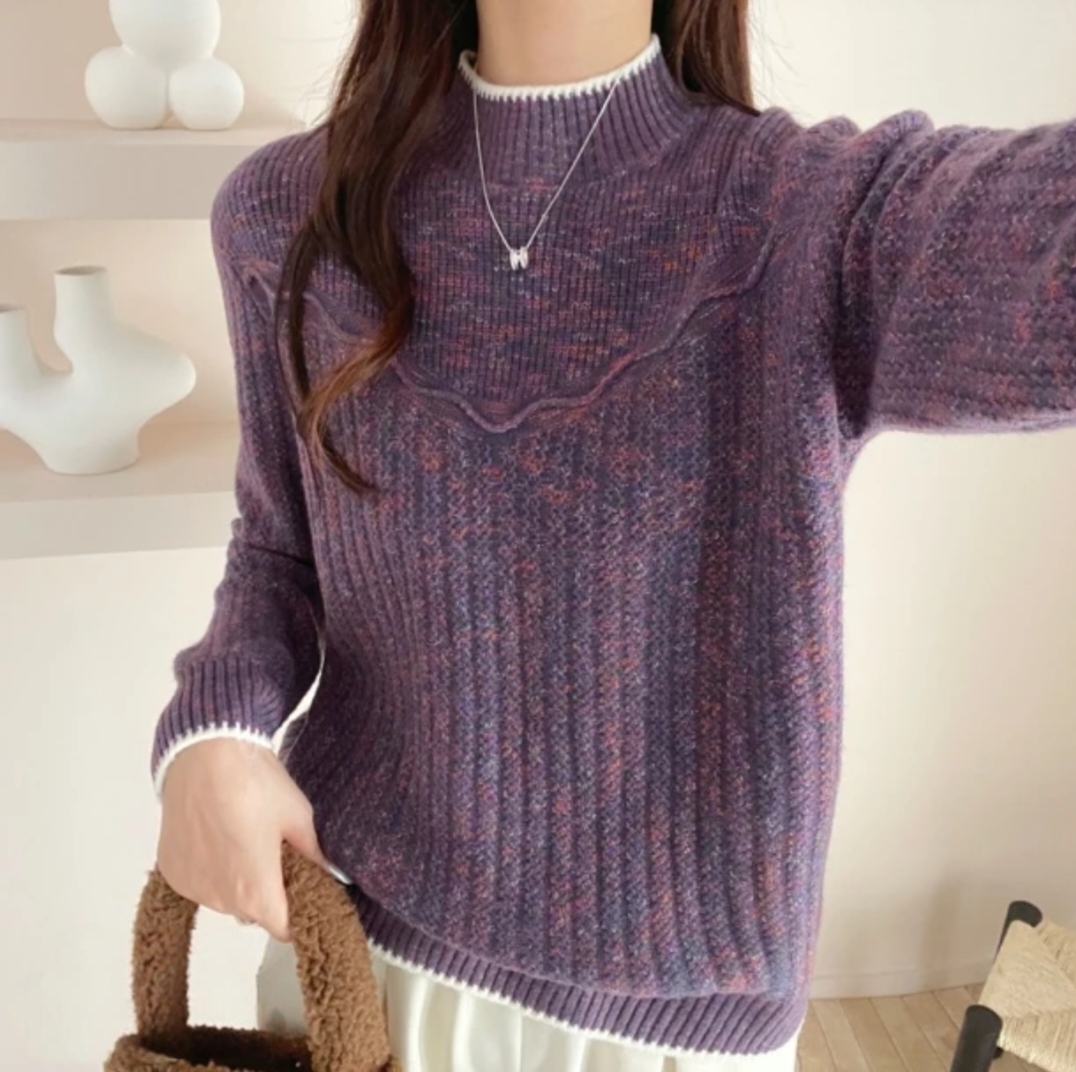 【星空幻彩】半高领花纱针织衫秋冬新款加厚保暖宽松百搭上衣女