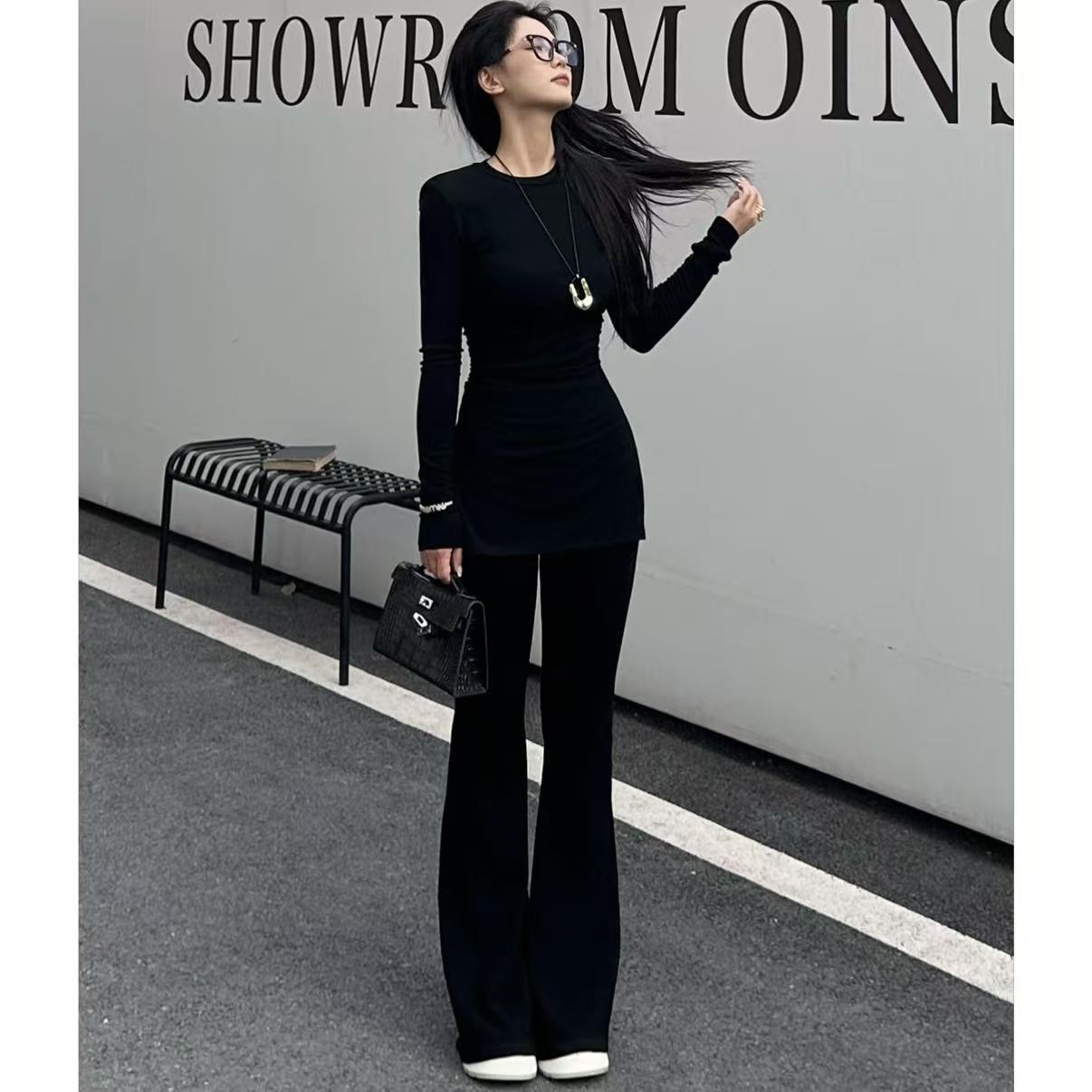 XX 简约时尚百搭圆领收腰褶皱显瘦两边开叉上衣搭喇叭裤两件套
