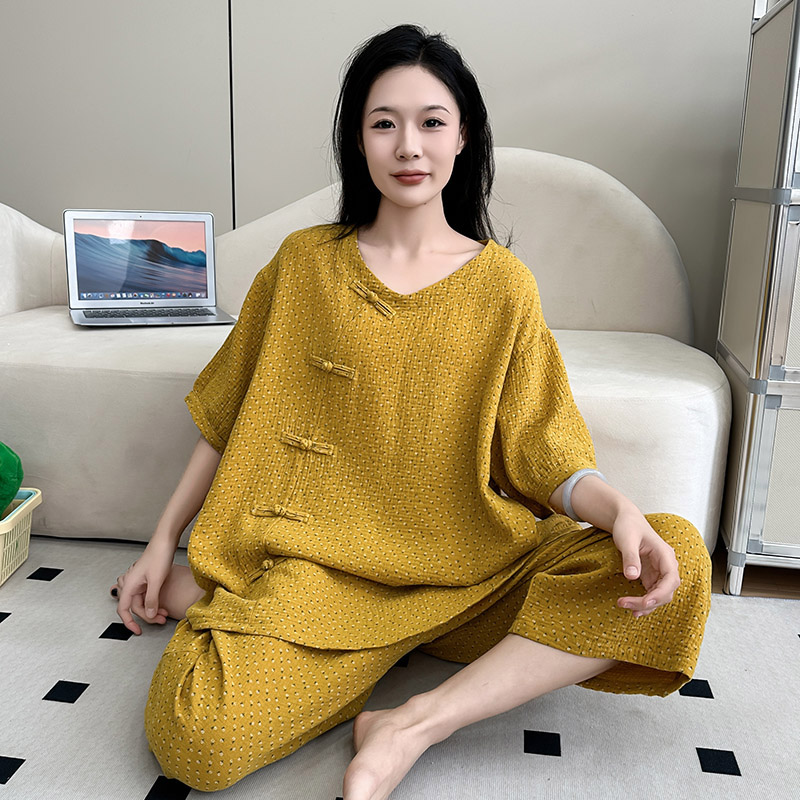 夏季大码纯棉睡衣短袖七分裤中国风印花家居服薄款纱布碎花女套装