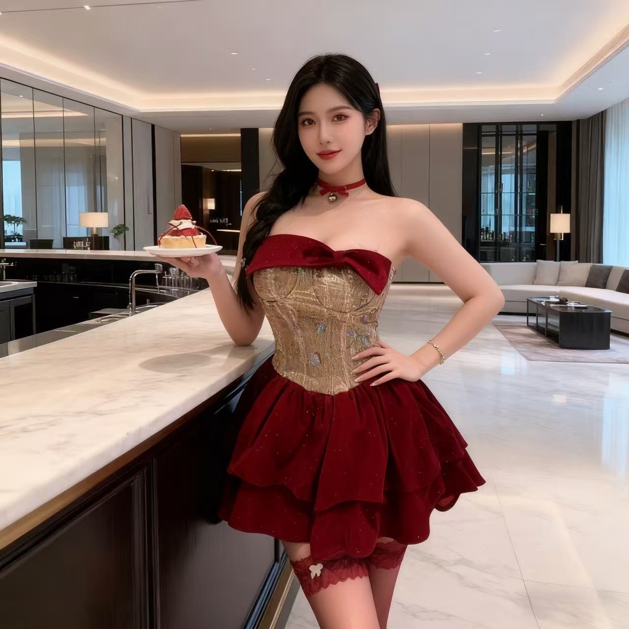 新款一字肩法式年会连衣裙女秋冬收腰性感蓬蓬裙短裙