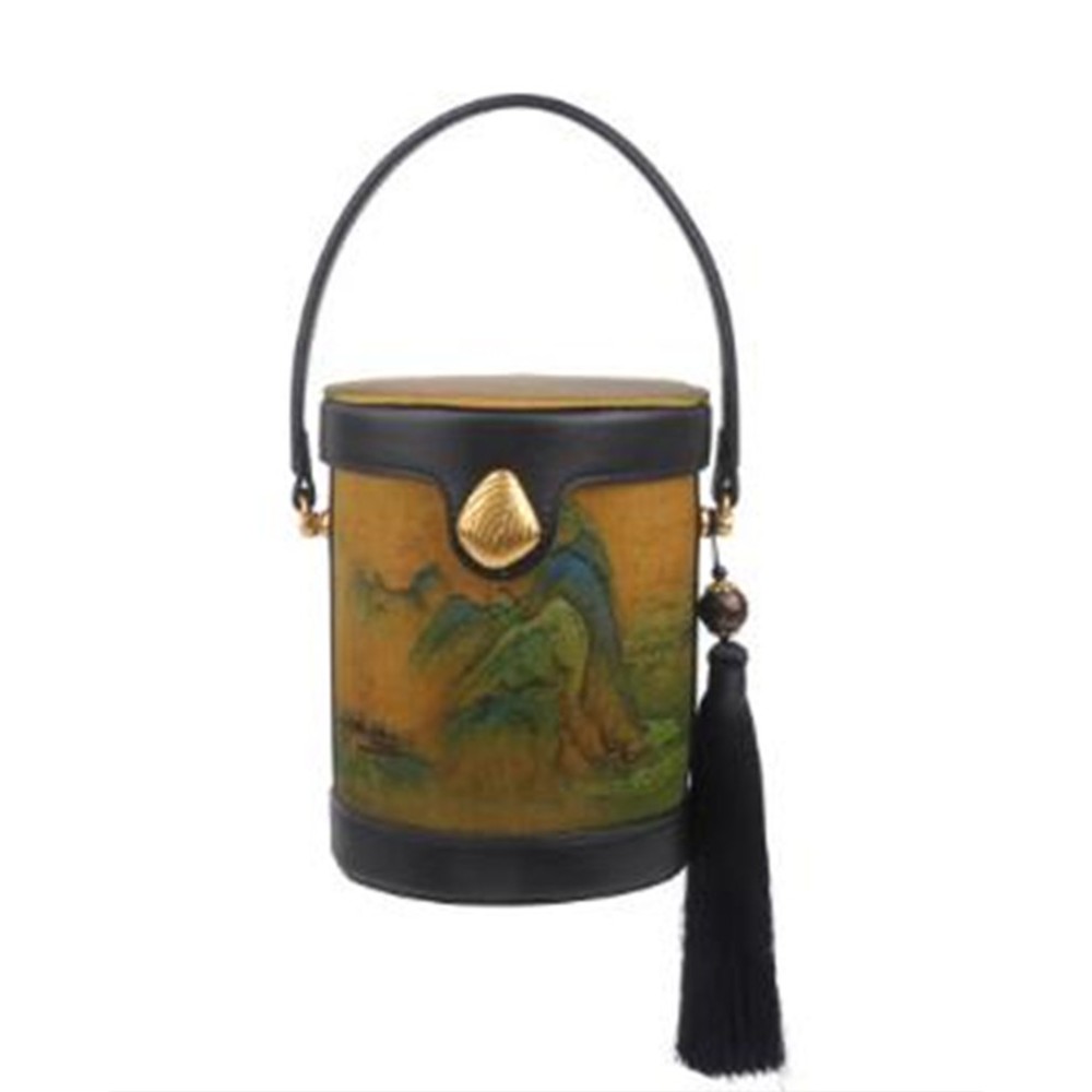 流苏简约手提中式百搭复古气质香云纱精致印花女手拿水桶包LC0028