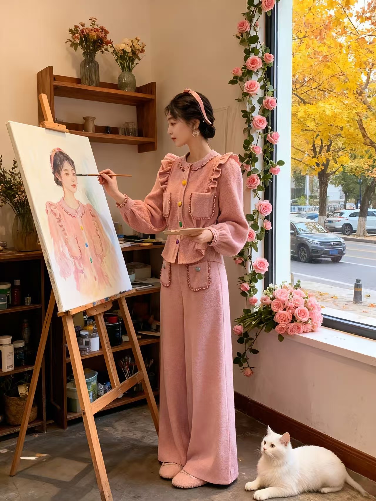 现【运补6】671#2025秋冬款公主风甜美套装粉色长袖衬衫阔腿裤女