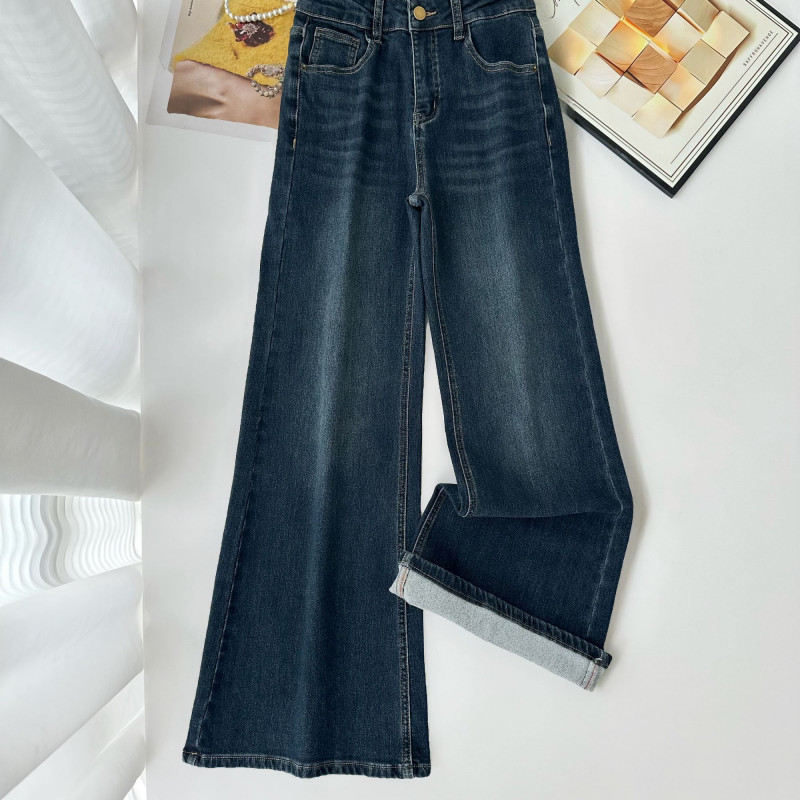 牛仔蓝显腿长超模裤植绒微喇裤牛仔裤女设计感休闲筒喇裤
