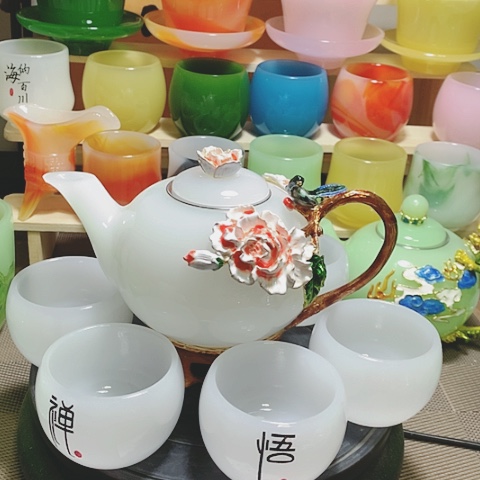 羊脂玉瓷琉璃珐琅彩花开富贵一壶六杯礼盒套装