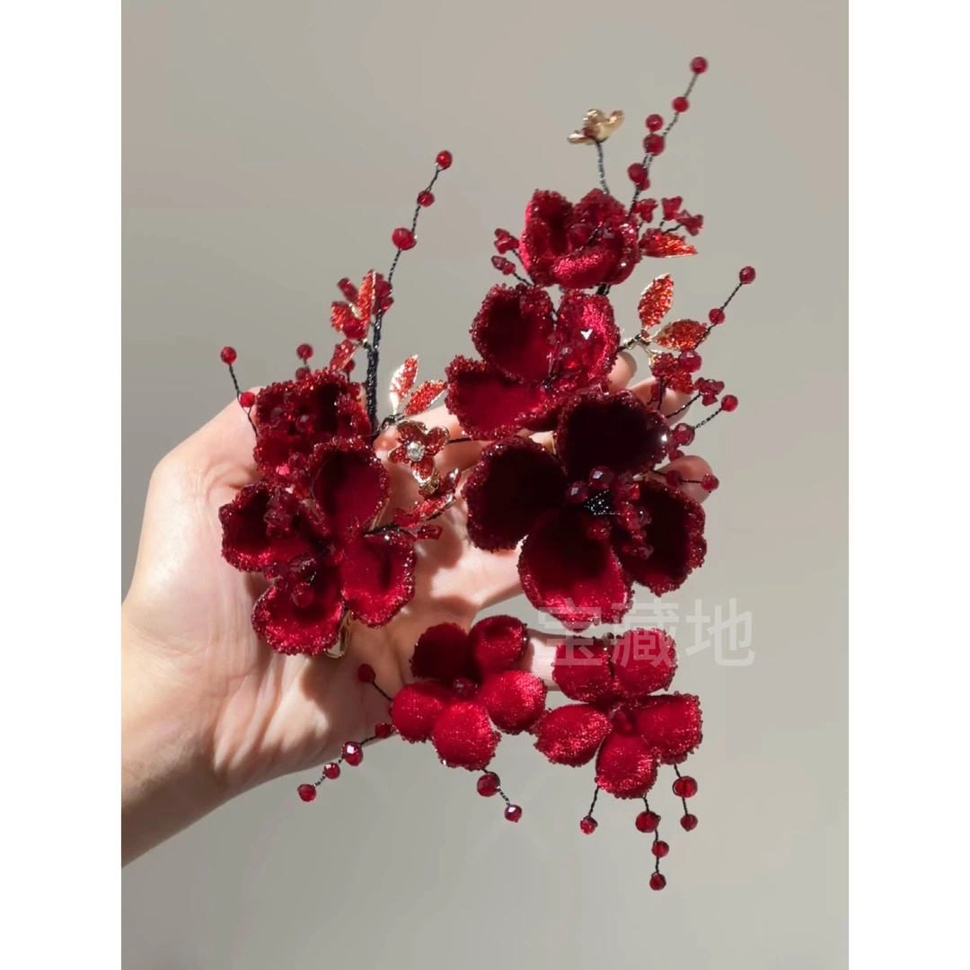 T7116新款酒红色绒花对夹新中式订婚敬酒头饰