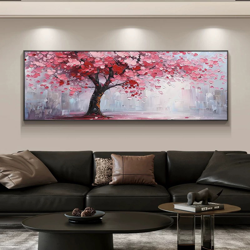 《红色发财树》招财满树植物横版简约大气沙发背景墙卧室床头挂画