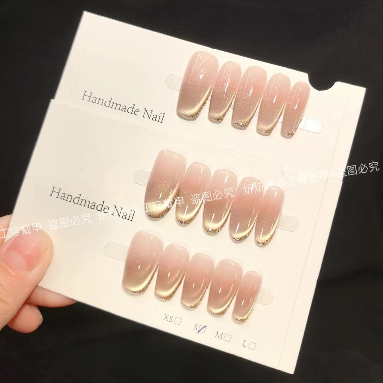 【落日鎏光】新款纯手工穿戴甲高级轻奢穿猫眼戴美甲贴长款显白百搭