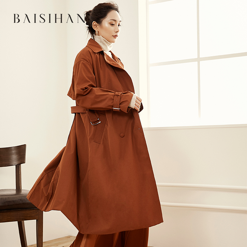 89015鹅绒服纯色收腰过膝时尚可拆卸内胆风衣款羽绒服女