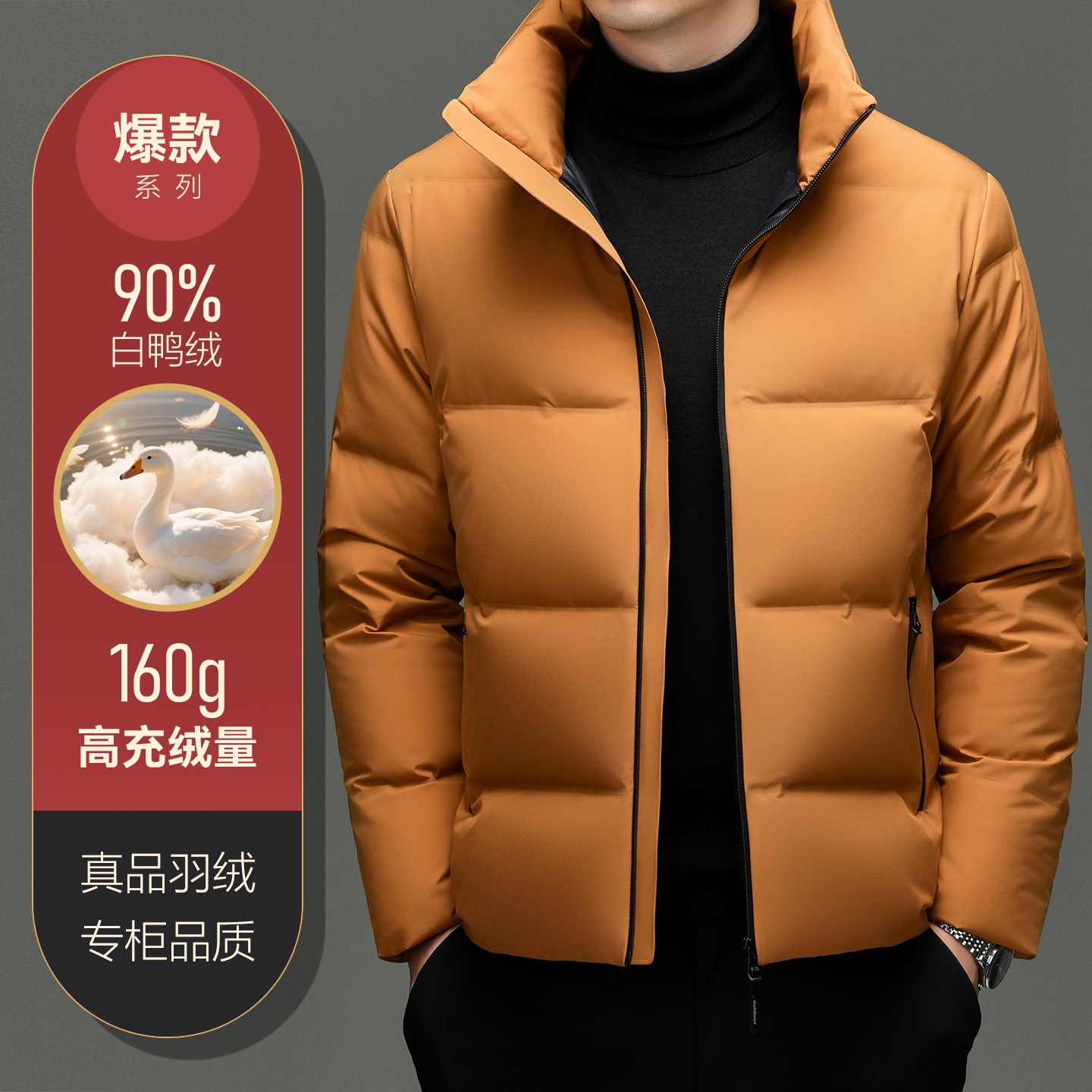 纯色简约免烫立领加厚保暖男士羽绒服2025冬季新款白鸭绒面包服